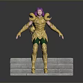 Purple Haired Fantasy Character In Decorated Golden Armor Standing On Gray Steps With Green Pants