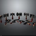 Various Axes with Red Wooden Handles and Metal Heads Arranged on Gray Background with Reflections