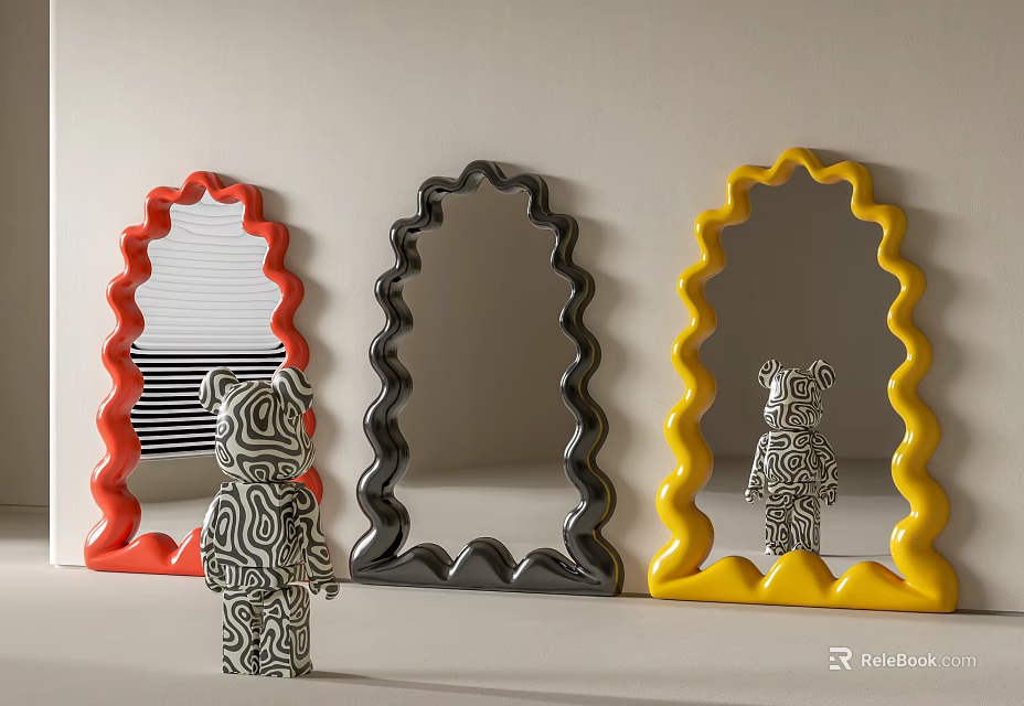Colorful Wavy Frame Mirrors With Decorative Bear Figurine For Home Decor 3d model 