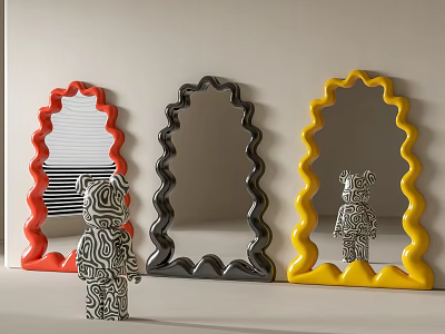 Colorful Wavy Frame Mirrors With Decorative Bear Figurine For Home Decor 3d model