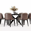 Elegant Modern Dining Table Set With Brown Chairs And Flower Vase 3d model
