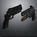 Two Tactical Pistols With Camo And Metallic Finish Exposed Magazine Details