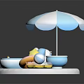 Cute Summer Baby Pool Setup With Blue White Umbrella Float Ring And Star Toy