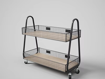 Two Tier Metal Frame Trolley With Wire Baskets And Wooden Base On Wheels 3d model