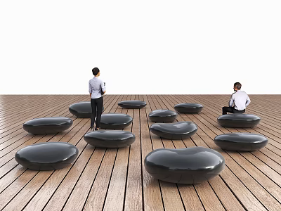 Black Stones Arrangement On Wooden Floor With People Standing And Sitting 3d model