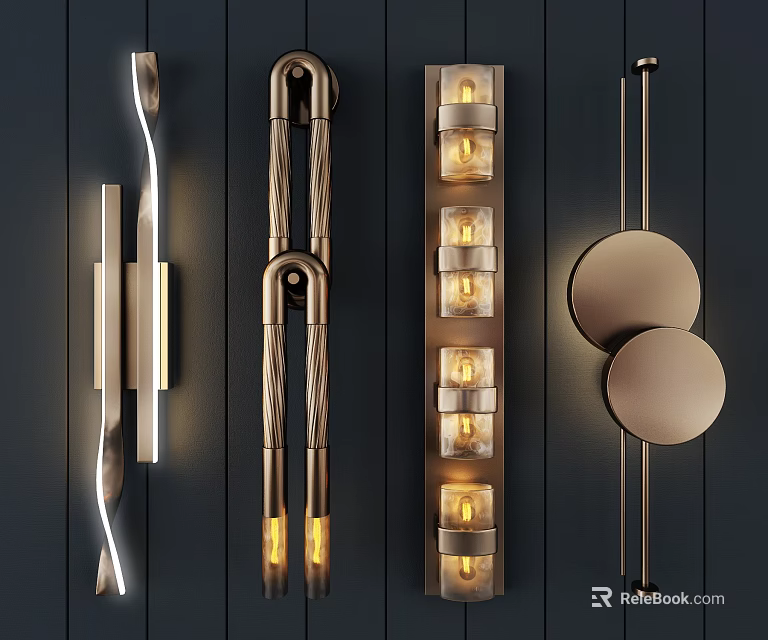 Modern Wall Lamps With Various Designs Illuminated On Dark Background Wall 3d model