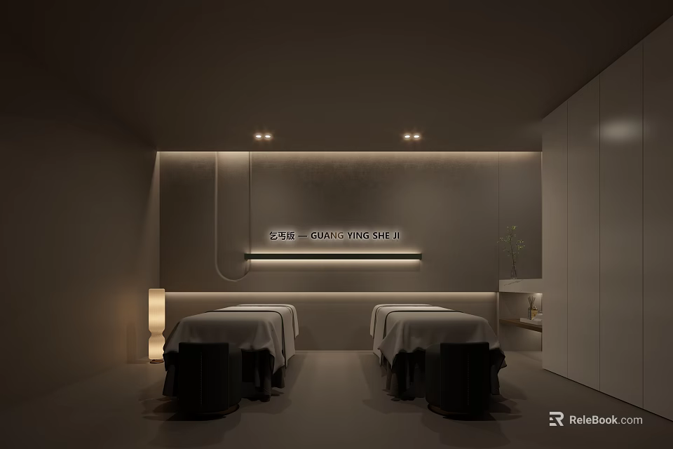 Minimalist Spa Sauna Interior With Two Massage Beds And Soft Lighting 3d model