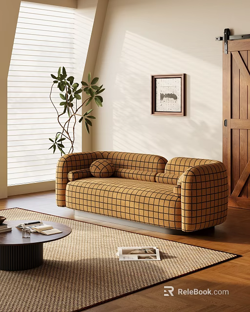 Plaid Multi Seater Sofa by Window with Blinds Green Plant Wall Art and Wooden Floor 3d model 