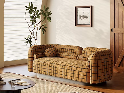 Plaid Multi Seater Sofa by Window with Blinds Green Plant Wall Art and Wooden Floor 3d model