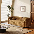 Plaid Multi Seater Sofa by Window with Blinds Green Plant Wall Art and Wooden Floor