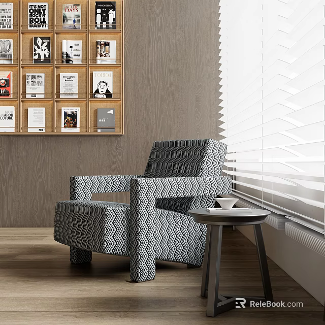 Gray And White Patterned Leisure Sofa Set With Wooden Wall Side Table And Window Blinds 3d model