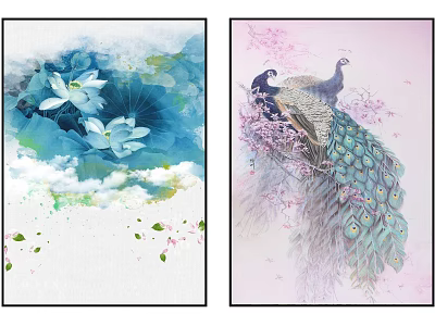Vibrant Botanical Paintings With Lotus Clouds Peacock And Cherry Blossoms 3d model