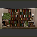 Cozy Indoor Reading Nook Interior With Bookshelves Red Armchairs Green Plant Rug And Lantern