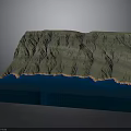 3D Topographic Terrain Model With Green Mountain Ranges And Blue Water Edge