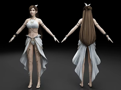 3D Female Character Model With White Outfit Long Hair And Front Back View 3d model