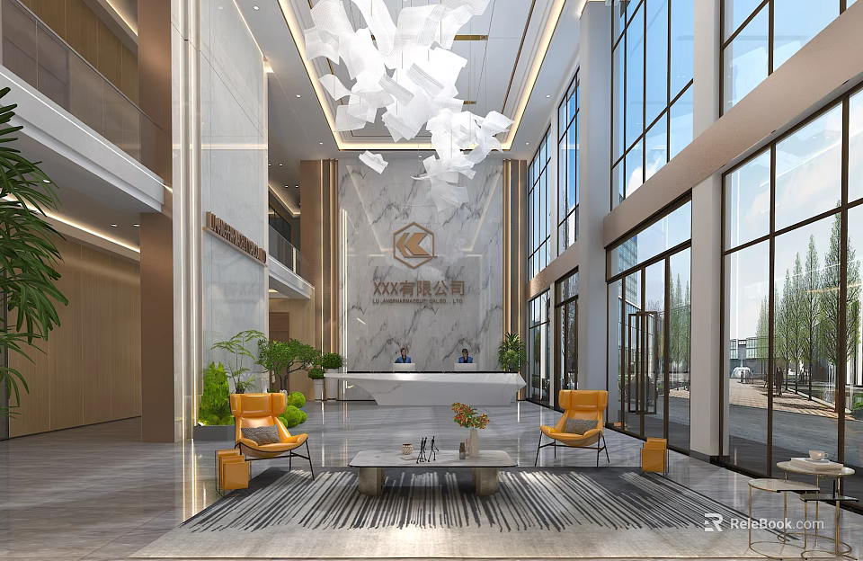 Elegant Modern Office Reception Lobby With Marble Feature Wall And Cozy Lounge Seating Area 3d model 