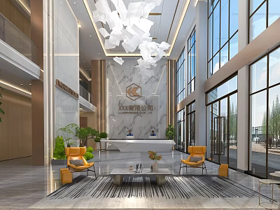 Elegant Modern Office Reception Lobby With Marble Feature Wall And Cozy Lounge Seating Area 3d model