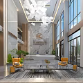 Elegant Modern Office Reception Lobby With Marble Feature Wall And Cozy Lounge Seating Area