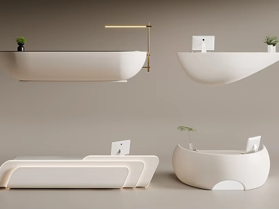 Modern Minimalist Reception Desk Designs With White Finish Curved Shapes And Desktop Plants 3d model