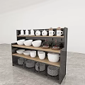 Black Kitchen Storage Shelf With White Bowls Mugs Brown Containers And Metal Mesh Baskets