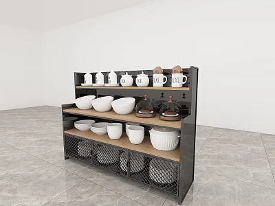 Black Kitchen Storage Shelf With White Bowls Mugs Brown Containers And Metal Mesh Baskets 3d model