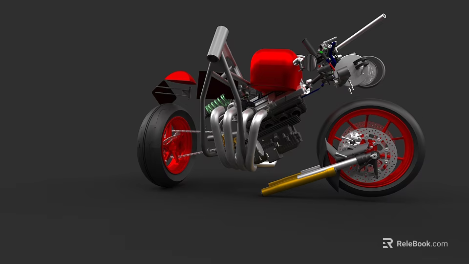 Red Custom Motorcycle With Exposed Engine Mechanical Parts And Red Wheels 3d model 