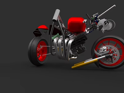 Red Custom Motorcycle With Exposed Engine Mechanical Parts And Red Wheels 3d model
