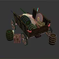Vintage Wooden Cart With Wooden Wheels Barrels And Crates On Dark Background