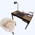 Modern Wooden Desk Setup With Comfortable Chair Table Lamp And Storage Drawers