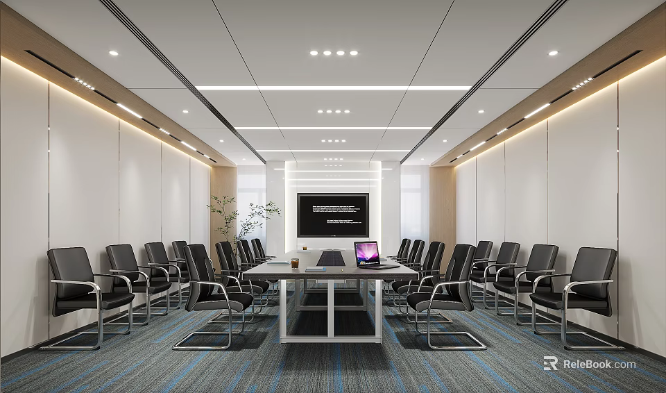 Modern Conference Room with Long Table Black Chairs Projection Screen Lighting And Carpet 3d model 