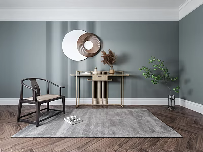 Elegant Dark Wooden Armchair With Round Mirror Console Table Green Plant And Gray Rug 3d model