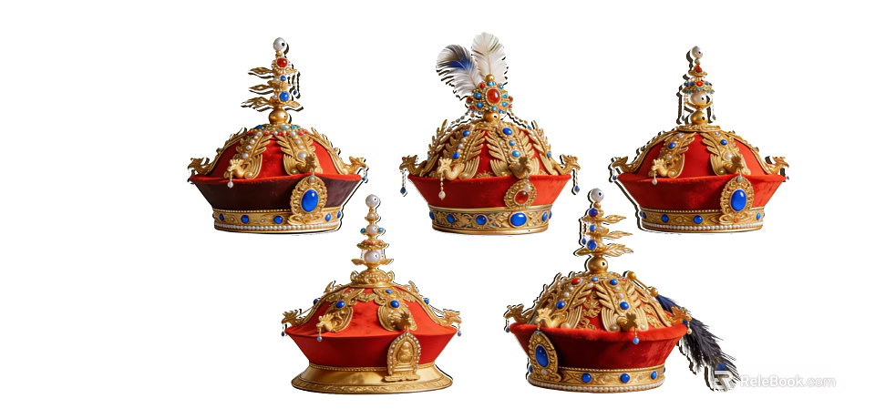 Ornate Crown Pendants With Red Base Gold Decorations Blue Gemstones And Feathers 3d model 