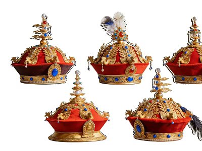 Ornate Crown Pendants With Red Base Gold Decorations Blue Gemstones And Feathers 3d model