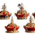 Ornate Crown Pendants With Red Base Gold Decorations Blue Gemstones And Feathers