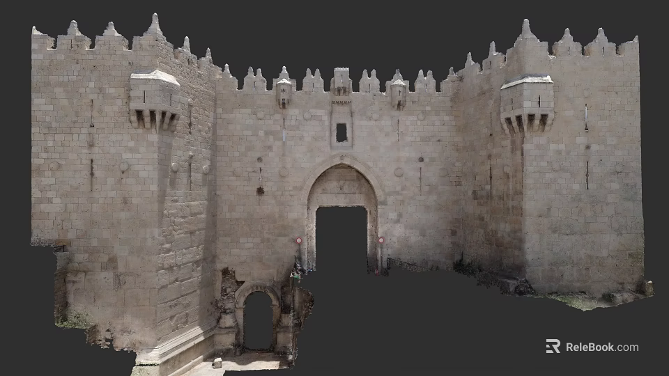 Ancient Stone Fortress Gate With Arched Entrance Crenellated Walls And Towers 3d model 