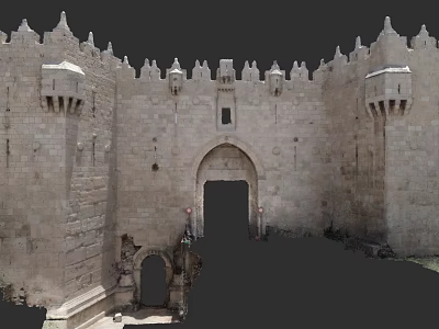 Ancient Stone Fortress Gate With Arched Entrance Crenellated Walls And Towers 3d model
