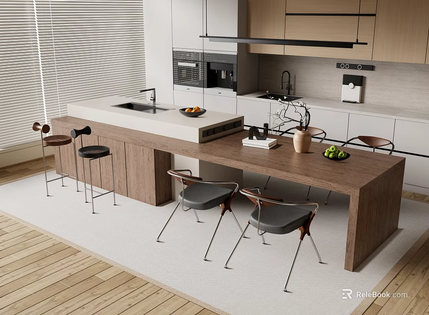 Modern Open Kitchen Interior Design With Bar Counter Chairs Sink And Appliances 3d model 