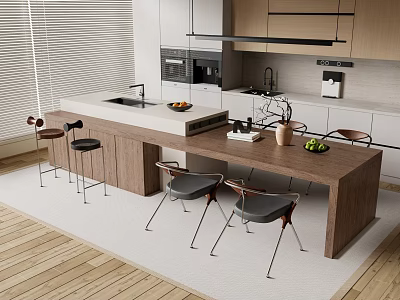 Modern Open Kitchen Interior Design With Bar Counter Chairs Sink And Appliances 3d model