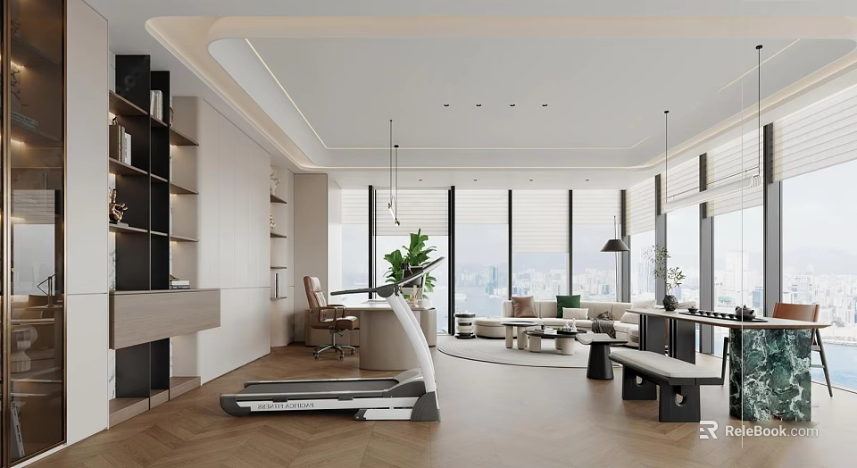 Modern Office Open Design With Treadmill Floor to Ceiling Windows City View and Green Plants 3d model 