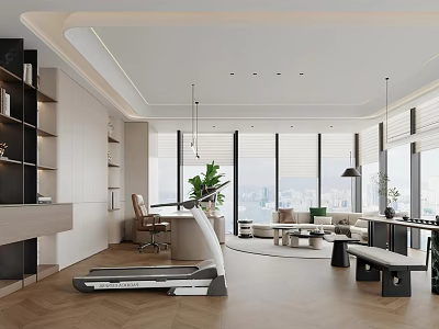 Modern Office Open Design With Treadmill Floor to Ceiling Windows City View and Green Plants 3d model