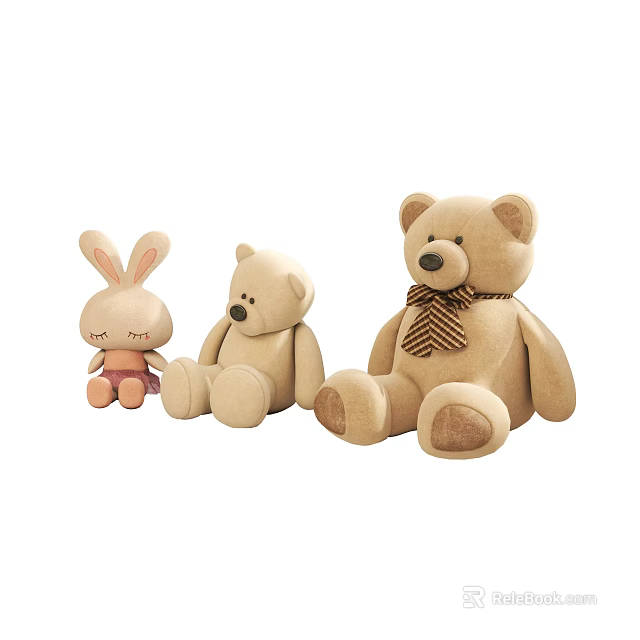 Soft Beige Plush Rabbit and Bear Stuffed Toys with Bow Tie Small and Large 3d model 