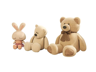 Soft Beige Plush Rabbit and Bear Stuffed Toys with Bow Tie Small and Large 3d model