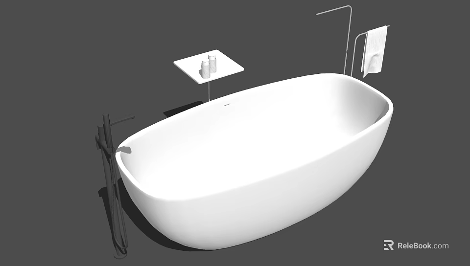 White Freestanding Bathtub With Small Square Platform Bottles And Metal Stand 3d model 