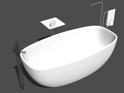 White Freestanding Bathtub With Small Square Platform Bottles And Metal Stand 3d model