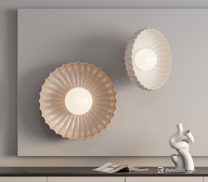 Scalloped Design Cream Wall Lamps Mounted on Light Wall with Decorative Sculpture and Books 3d model 