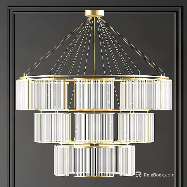 Modern Multi Tiered Chandelier With Gold Frame And Transparent Striped Shades 3d model 