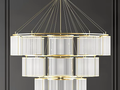 Modern Multi Tiered Chandelier With Gold Frame And Transparent Striped Shades 3d model