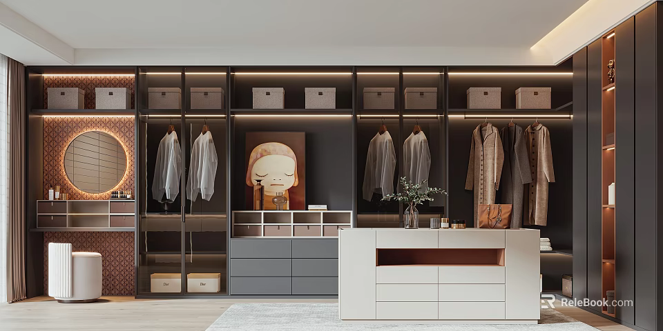 Modern Elegant Walk-in Closet Interior With Hanging Garments Storage Boxes Drawer Cabinets And Decorative Painting 3d model 