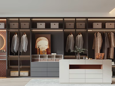 Modern Elegant Walk-in Closet Interior With Hanging Garments Storage Boxes Drawer Cabinets And Decorative Painting 3d model