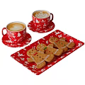 Festive Gingerbread Men Cookies And Latte On Red Snowflake Pattern Plates 3d model